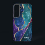 Blue Purple Aqua Gold Veins Agate Monogram Samsung Galaxy Case<br><div class="desc">Protect your phone in style with this chic design featuring your monogram and colourful shades of blue,  purple and aqua agate with metallic gold foil veins and sparkly stars.</div>