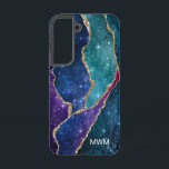 Blue Purple Aqua Gold Veins Agate Monogram Samsung Galaxy Case<br><div class="desc">Protect your phone in style with this chic design featuring your monogram and colourful shades of blue,  purple and aqua agate with metallic gold foil veins and sparkly stars.</div>