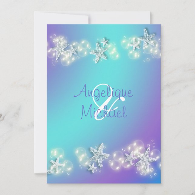 Blue purple beach starfish wedding invitation (Front)