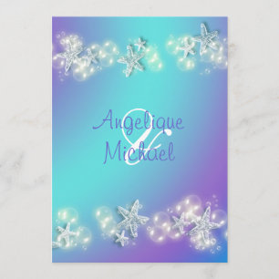 Blue purple beach starfish wedding invitation
