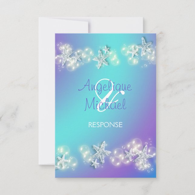 Blue purple beach starfish wedding RSVP card (Front)