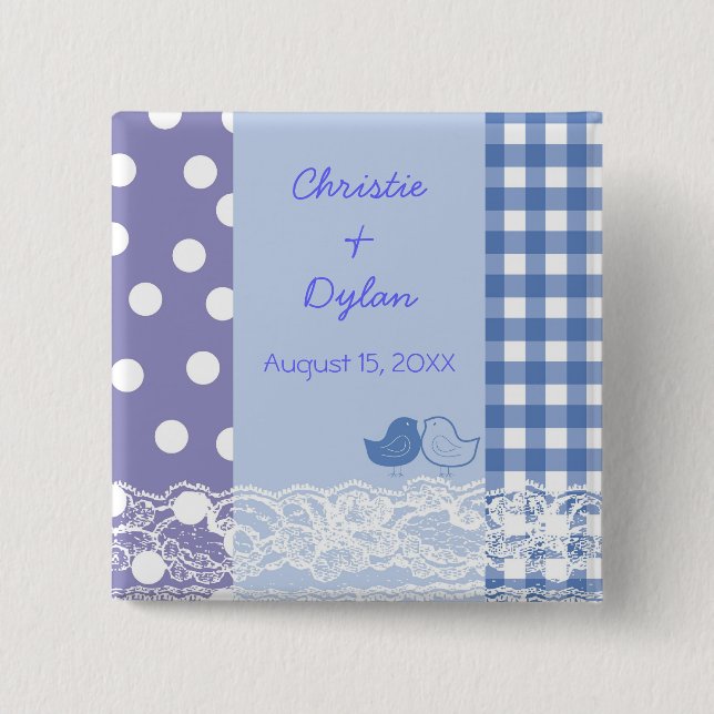 Blue Purple Birds Scrapbook Lace Wedding Button (Front)