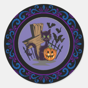 Blue Purple Black Cat Tombstone Bats Halloween Classic Round Sticker