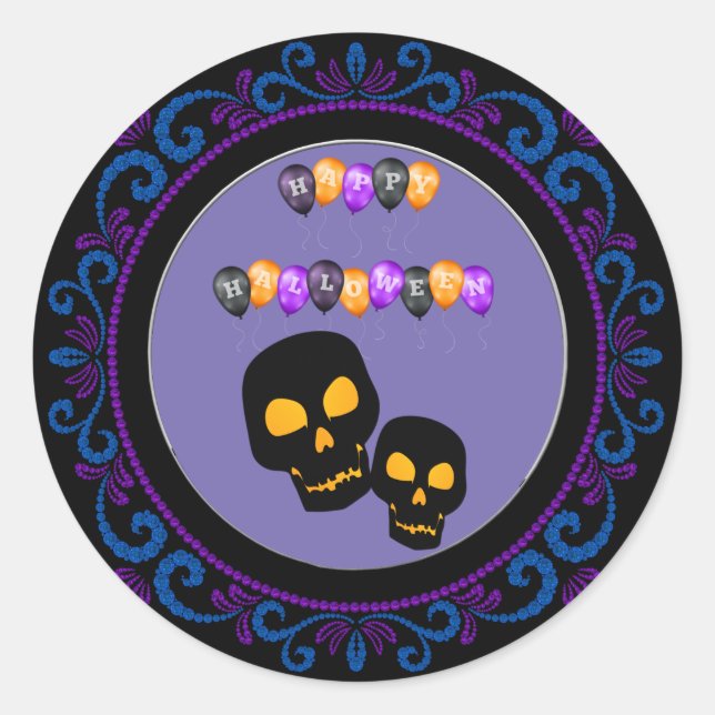 Blue Purple Black Skulls Happy Halloween Balloons Classic Round Sticker (Front)