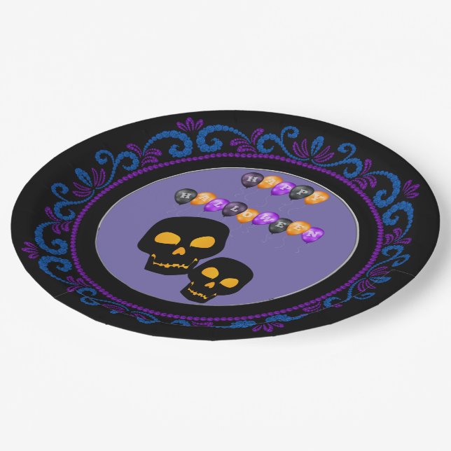 Blue Purple Black Skulls Happy Halloween Balloons Paper Plate (Angled)