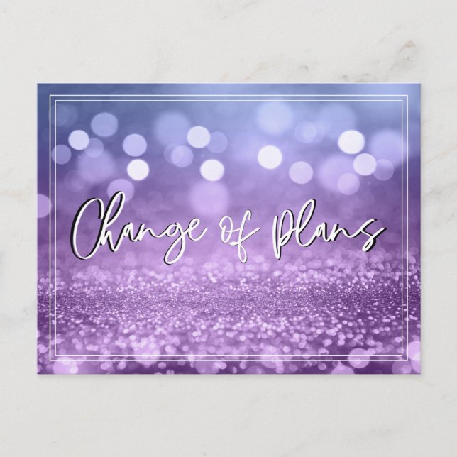Blue Purple Bokeh Change of Plans Wedding Update Postcard (Front)