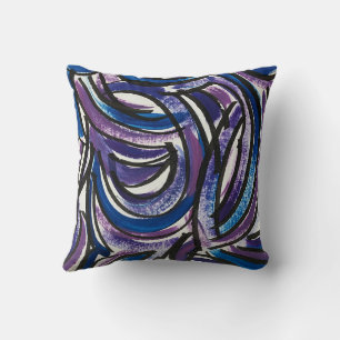 Blue Purple Brushstrokes-Hand Painted Abstract Throw Pillow