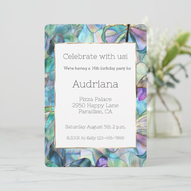Blue Purple Butterflies 16th Birthday Invitation (Standing Front)