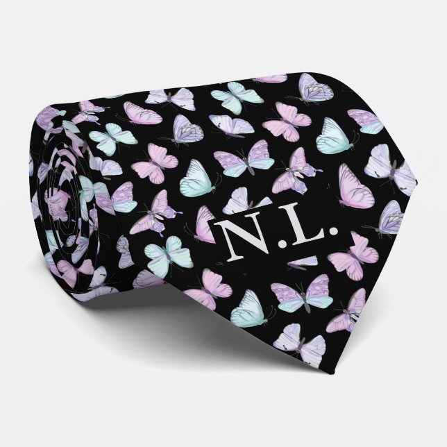 Blue Purple Butterfly Pattern Wedding Tie (Rolled)