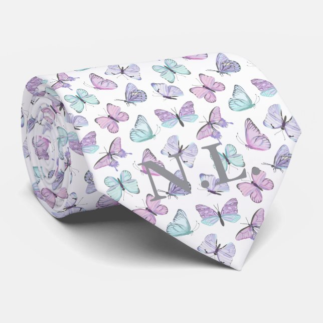 Blue Purple Butterfly Pattern Wedding Tie (Rolled)