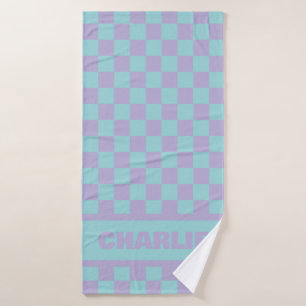 Blue & Purple Chequerboard Custom Name Bath Towel