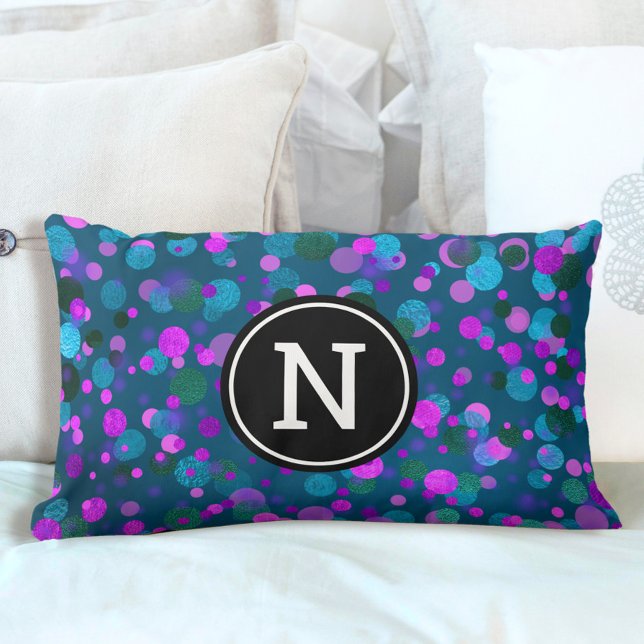 Blue purple confetti dots monogram initial teal lumbar pillow (Creator Uploaded)