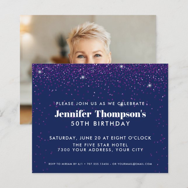 Blue purple Confetti Glitter 50th Birthday Photo (Front/Back)