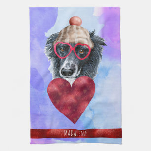 Blue Purple Dog Lover Valentine Gift Border Collie Kitchen Towel