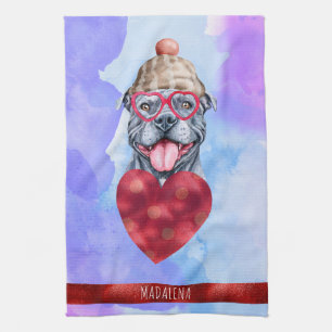 Blue Purple Dog Lover Valentine Gift Grey Pitbull Kitchen Towel