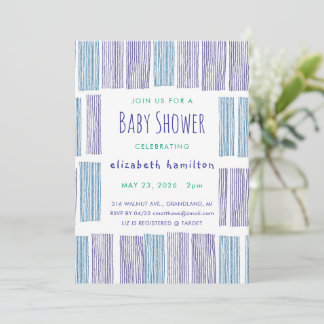 Blue & Purple Drawn Stripes Baby Shower Invitation