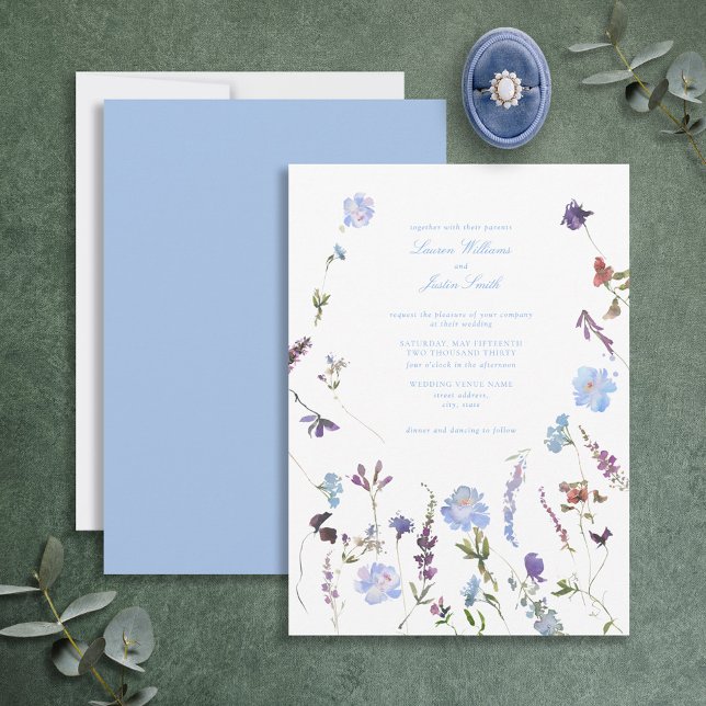 Blue Purple Floral Botanical Script Photo Wedding Invitation (Creator Uploaded)