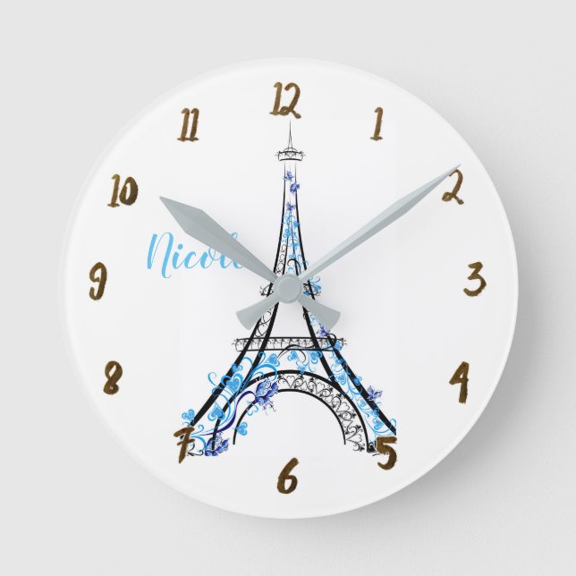 Blue Purple Floral Paris Eiffel Tower Personalized Round Clock (Front)