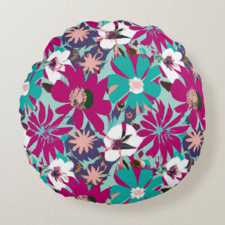 Blue & Purple Floral Pattern Round Pillow