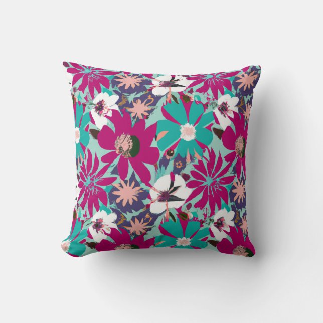 Blue & Purple Floral Pattern Throw Pillow (Front)