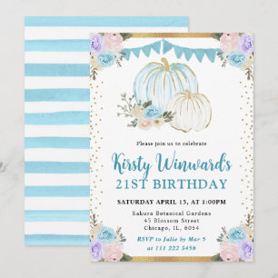 Blue & Purple Floral Pumpkins Fall 21st Birthday Invitation