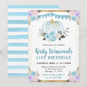 Blue & Purple Floral Pumpkins Fall 21st Birthday Invitation