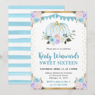 Blue & Purple Floral Pumpkins Fall Sweet Sixteen Invitation