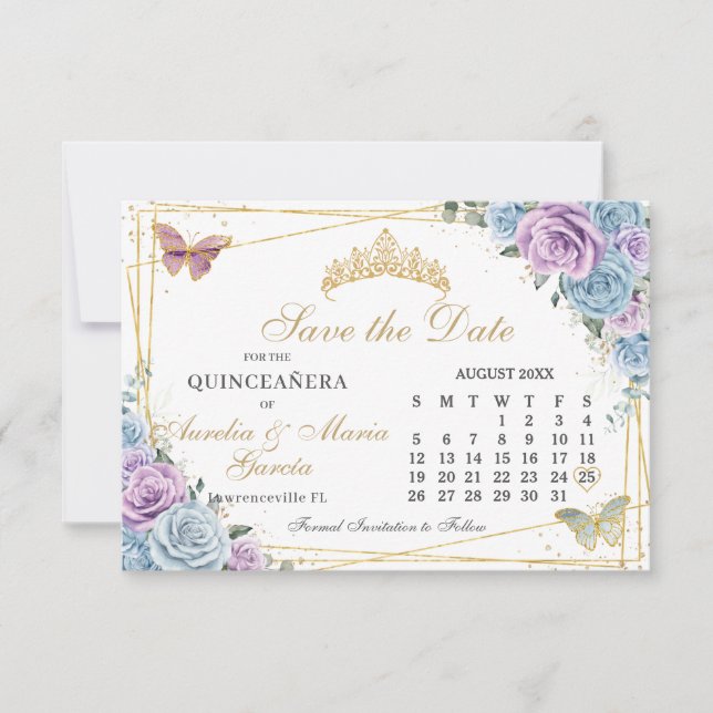 Blue Purple Floral Twins Quinceanera Calendar Save The Date (Front)