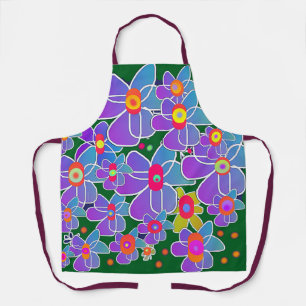 Blue Purple Flower Burst Dk Green Chef  Apron