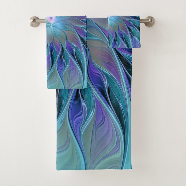 Blue Purple Flower Dream Abstract Fractal Art Bath Towel Set (Insitu)