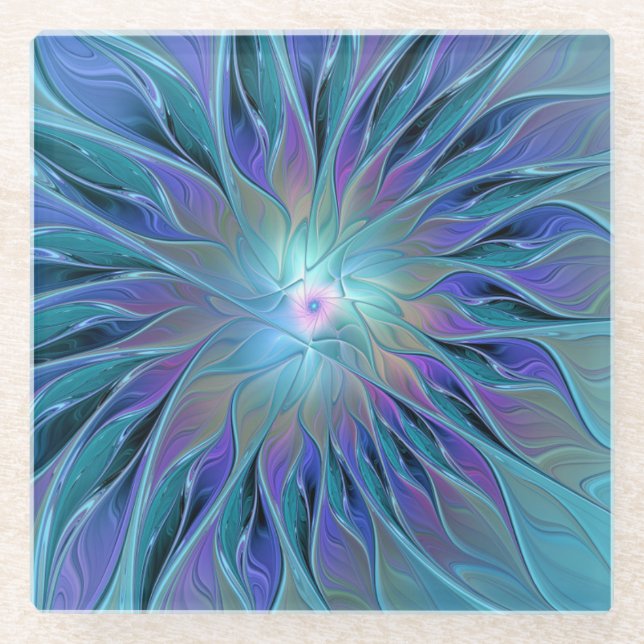 Blue Purple Flower Dream Abstract Fractal Art Glass Coaster (Front)