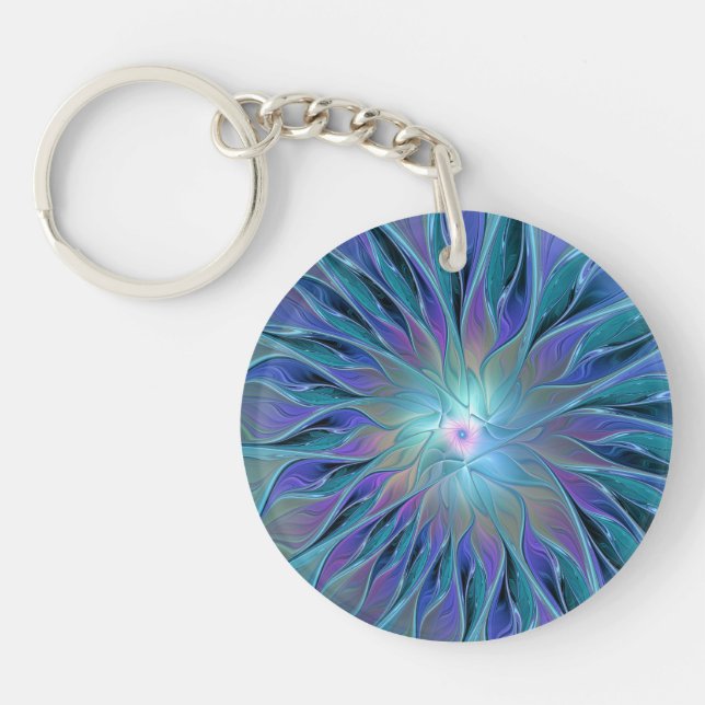 Blue Purple Flower Dream Abstract Fractal Art Keychain (Front)
