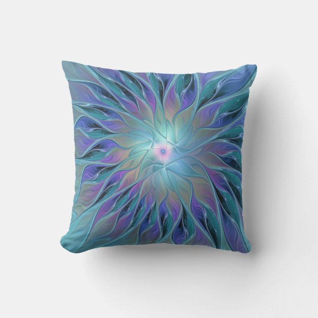 Blue Purple Flower Dream Abstract Fractal Art Outdoor Pillow (Front)
