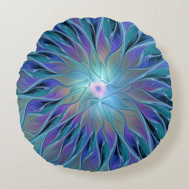 Blue Purple Flower Dream Abstract Fractal Art Round Pillow (Front)