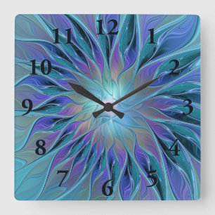 Blue Purple Flower Dream Abstract Fractal Art Square Wall Clock