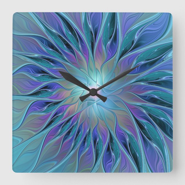 Blue Purple Flower Dream Abstract Fractal Art Square Wall Clock (Front)