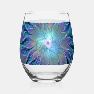 Blue Purple Flower Dream Abstract Fractal Art Stemless Wine Glass