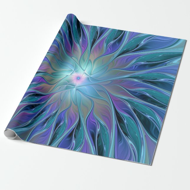 Blue Purple Flower Dream Abstract Fractal Art Wrapping Paper (Unrolled)