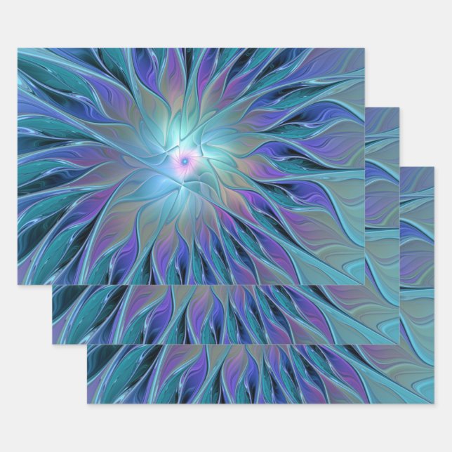 Blue Purple Flower Dream Abstract Fractal Art Wrapping Paper Sheet (Set)