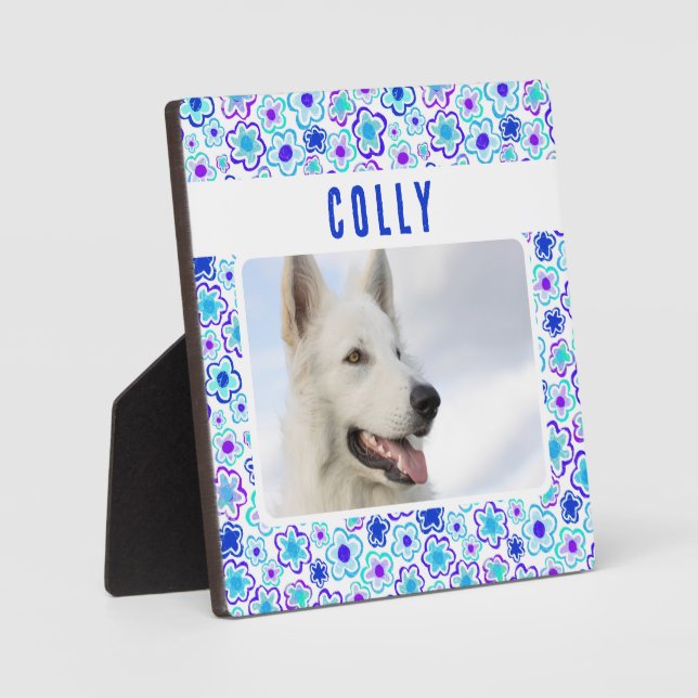 Blue Purple Flower Pattern Pet Dog Photo Keepsake  Plaque (Front)