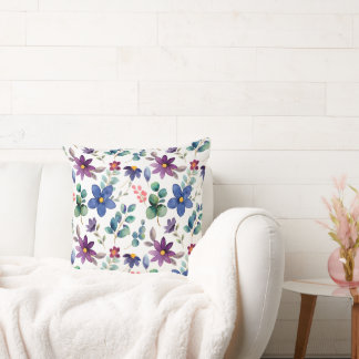 blue purple flower with green leaves pattern throw pillow