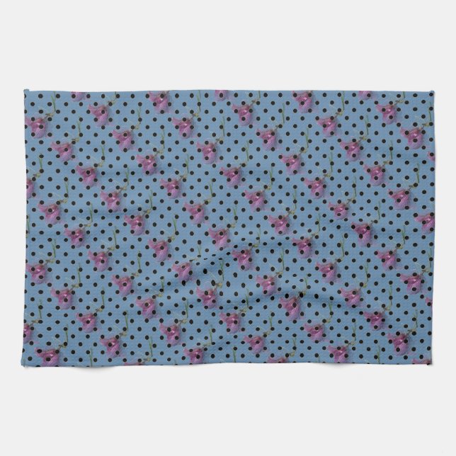 Blue purple flowers and black polka dots kitchen towel (Horizontal)