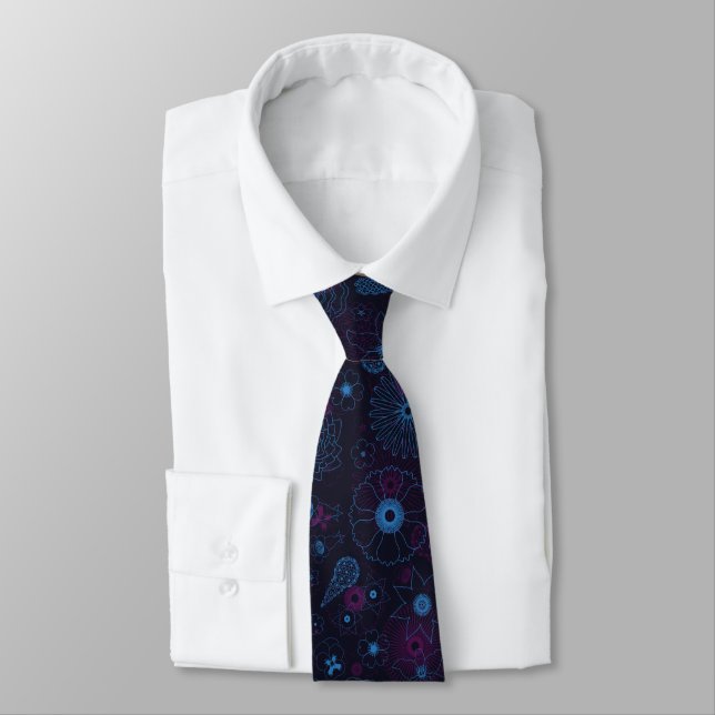 Blue & Purple Flowers Geometric Line Pattern Tie (Tied)