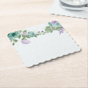blue purple flowers greenery botanical paper coaster