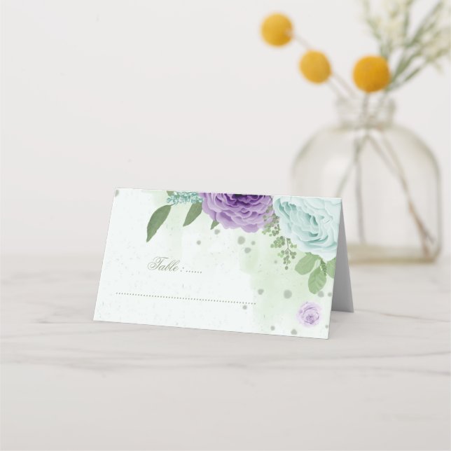 blue purple flowers greenery botanical place card (Front)