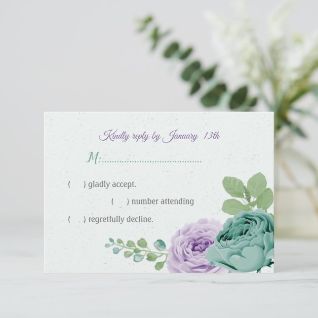 blue purple flowers greenery botanical  RSVP card (Standing Front)