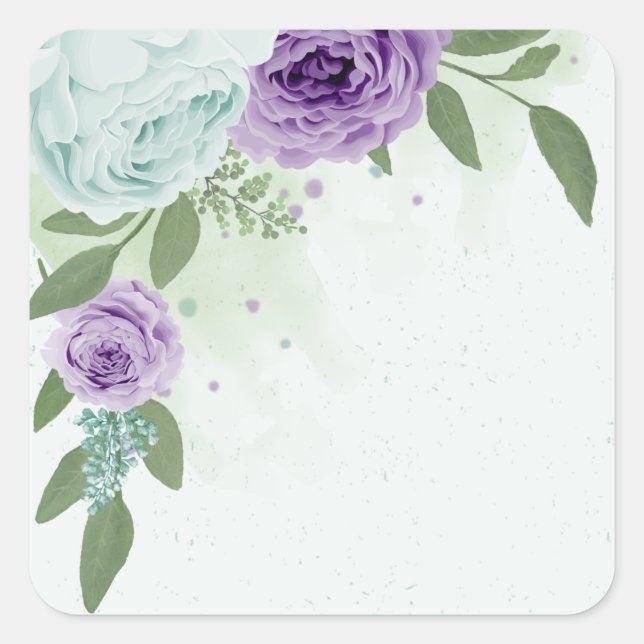 blue purple flowers greenery botanical square sticker (Front)