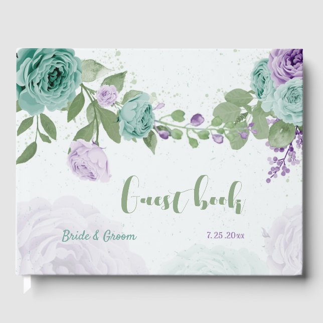 blue purple flowers greenery wedding  guest book (Front)