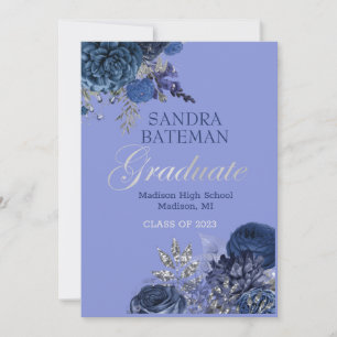 Blue Purple Flowers Silver Graduation Party Announcement