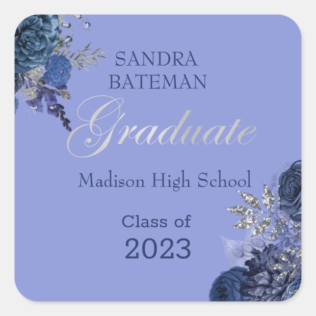 Blue Purple Flowers | Silver Graduation Sticker (Front)